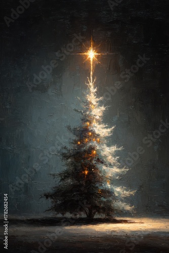 Peaceful Christmas Tree with Bright Star and Soft Glow in Darkness