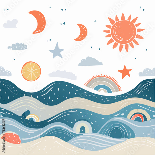 Whimsical Celestial Seascape Illustration