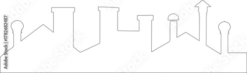 urban rooftop Line-art in bold black fill, each featuring distinct chimneys and vents on a clean white background