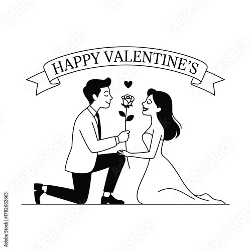 Man proposing with a rose to a woman on white background with Happy Valentine's banner Valentine's Day