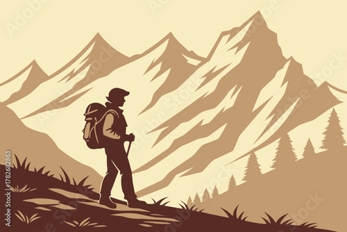Vintage style illustration of a backpacker exploring majestic mountain ranges, embodying the spirit of outdoor adventure and challenging hikes