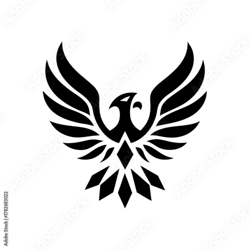 Stylized phoenix with geometric feather design black on transparent background