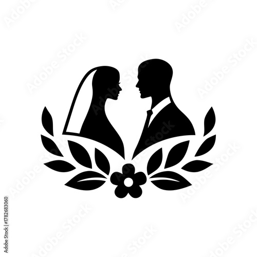 Silhouette of bride and groom with floral wreath on transparent background