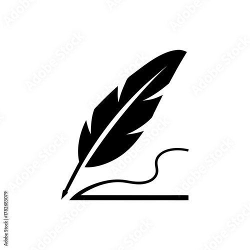Illustration of a black quill with a simple line on transparent background
