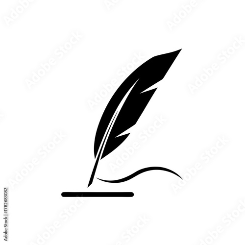 Illustration of a black quill with ink on white page on transparent background
