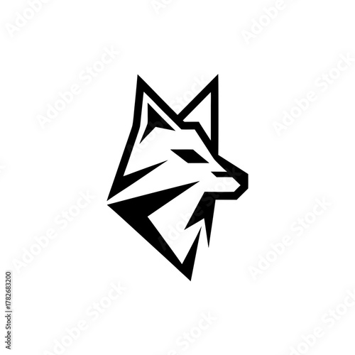 Stylized black and white fox head profile view on transparent background
