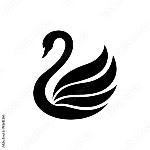 Elegant black swan with curved neck and layered wing on transparent background