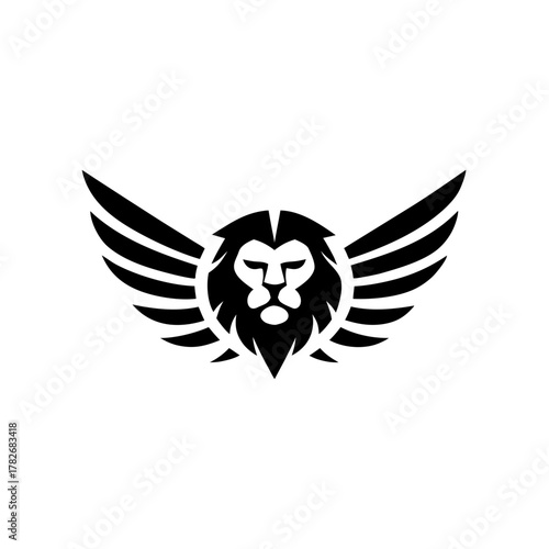 Lion head with wings in black and white illustration on transparent background