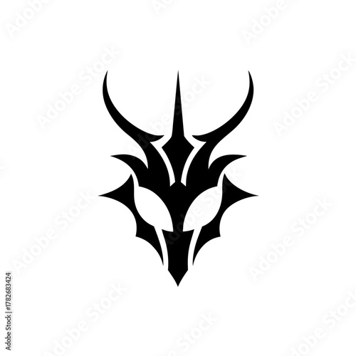 Abstract black horned creature design on white space on transparent background