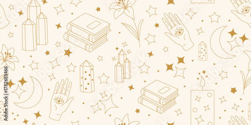 Seamless esoteric pattern with crystals books hand eye moon stars and lily, background