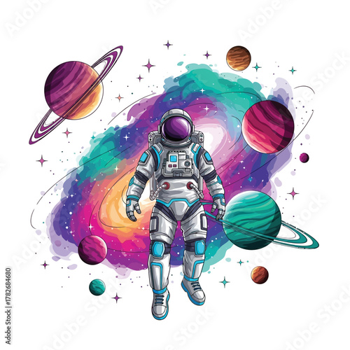 Astronaut exploring the galaxy with vibrant nebulae and colorful planets vector on isolated  white background