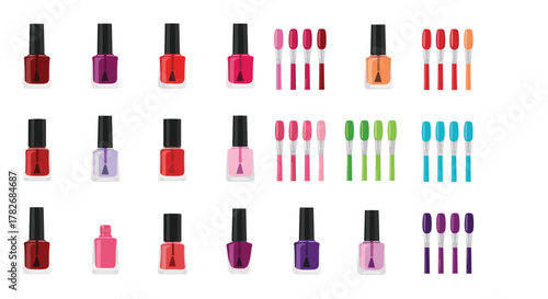 Assortment of vibrant nail polish bottles and colorful makeup brushes arranged neatly in rows.