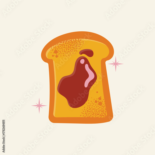 Retro Toast with Jam Vector Illustration. Sweet Breakfast Bread with Fruit Spread, Jelly, Marmalade. Flat Hand-Drawn Food Snack Graphic Icon