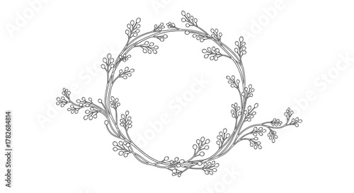 An elegant circular botanical illustration with delicate floral embellishments and leafy branches extending outwards.