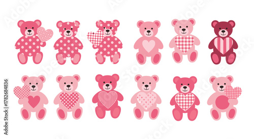 A collection of cute pink teddy bears each holding a heart pattern graphic.