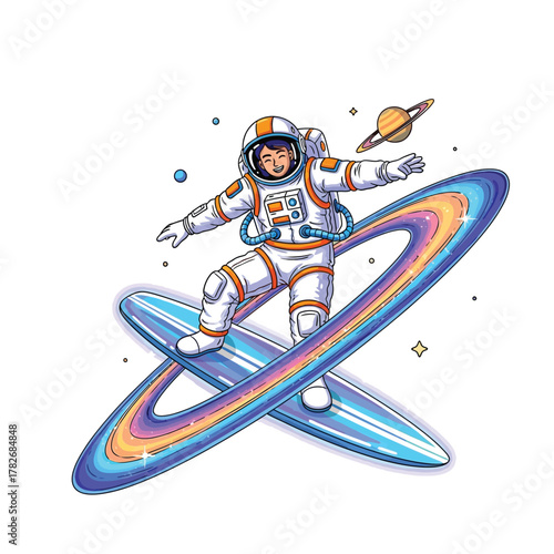 Astronaut enjoys surfing cosmic rings of rainbow colors in space adventure vector on isolated  white background