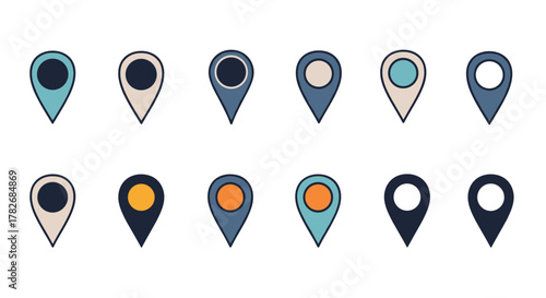 A collection of diverse map pin icons featuring various colors and designs for location marking purposes.