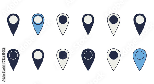 A collection of stylish location pin icons representing various destinations and points of interest on a map.