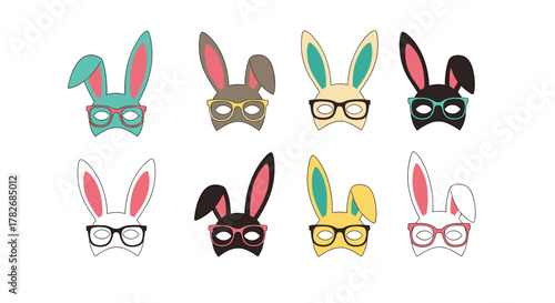 Collection of artistic bunny masks with stylish eyeglasses and trendy headband decorations.
