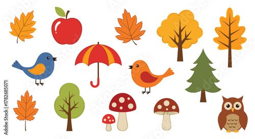 A charming collection of autumn elements including trees birds mushrooms and an owl.