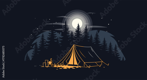 Serene nighttime camping scene under a bright moonlit sky with a cozy illuminated tent nestled amongst pine trees.