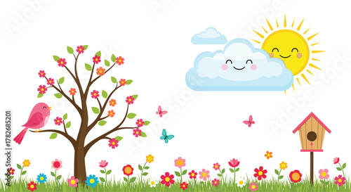 A cheerful spring scene with a bird on a blooming tree and a happy sun in the sky.