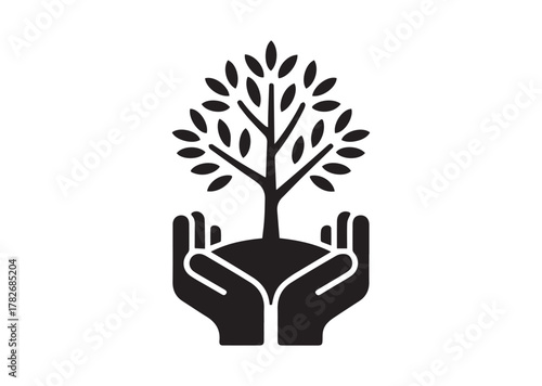 Tree in open hands with handful icon, Tree in open hands with handful solid vector
