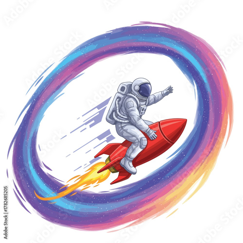 Astronaut riding rocket ship through vibrant cosmic portal of imagination vector on isolated  white background