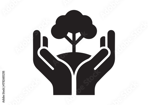 Tree in open hands with handful icon, Tree in open hands with handful solid vector