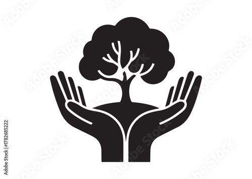 Tree in open hands with handful icon, Tree in open hands with handful solid vector