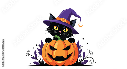 A cute black cat wearing a witch hat sits on a spooky carved pumpkin for halloween decoration.