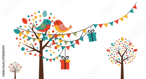 Two birds perched on a decorated tree with colorful festive garlands and gift boxes hanging from the branches.