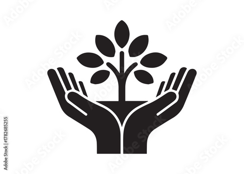 Tree in open hands with handful icon, Tree in open hands with handful solid vector
