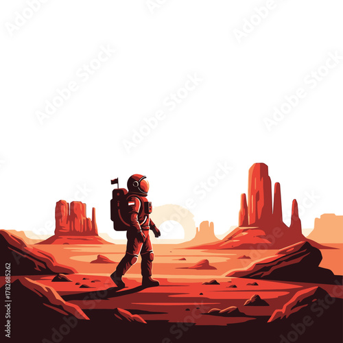 Astronaut explores alien planet with red rock formations under bright sky vector on isolated  white background