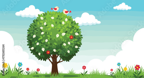 A vibrant green tree with red and white flowers and two little birds on top stands tall in a lush meadow under a blue sky with fluffy white clouds.