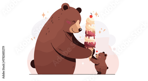 A parent bear and cub enjoy a tall ice cream cone together on a warm day.