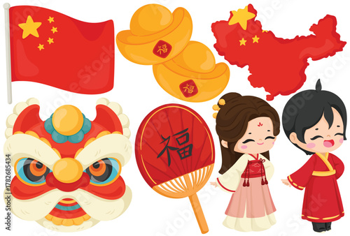 Vector China Clip Art Set Chinese New Year Culture Travel Flag Map Lion Dance Gold Ingot Fan Boy Girl Costume Illustration Landmark Symbol Asia Graphic