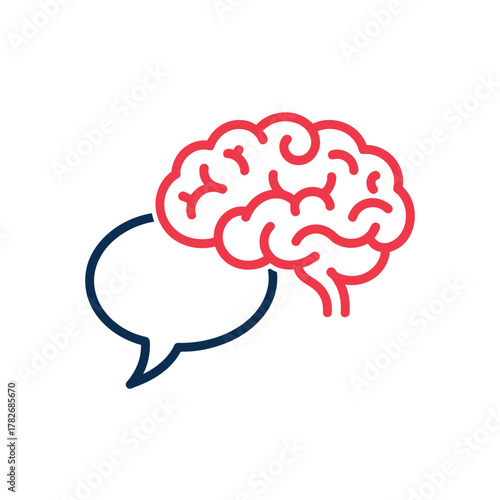 Conceptual illustration of a brain with a speech bubble representing thoughts and communication
