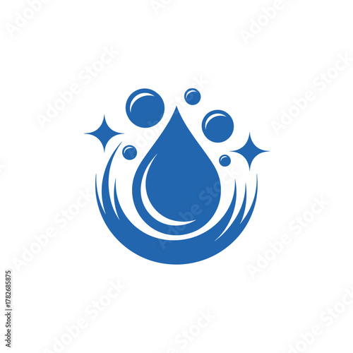 Clean water drop with sparkling bubbles and shiny starbursts in a circular design