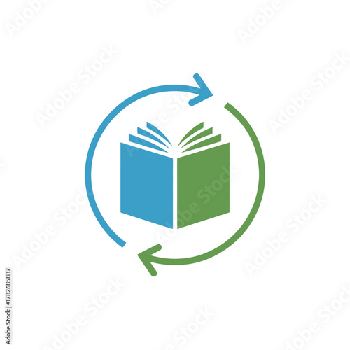 Open book with circular arrows symbolizing learning and knowledge transfer