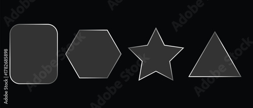 A collection of glass effect geometric shapes including a rounded rectangle, hexagon, star, and triangle on a black background