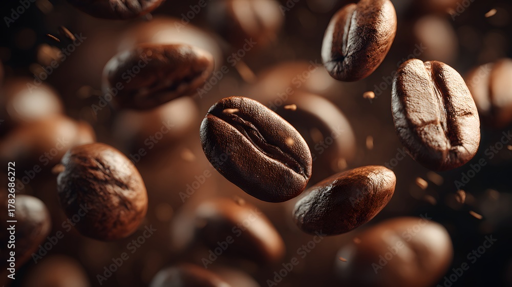 Fototapeta premium Close up of roasted coffee beans floating in the air on dark background