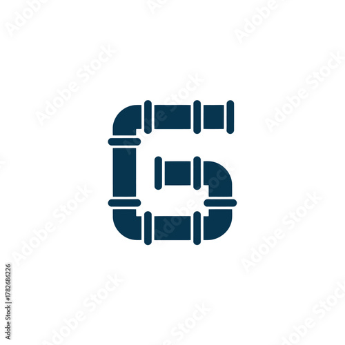 Number six formed from dark blue plumbing pipes and fittings on white background