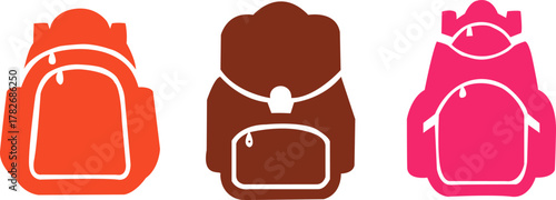 Three colorful backpacks in orange, brown, and pink