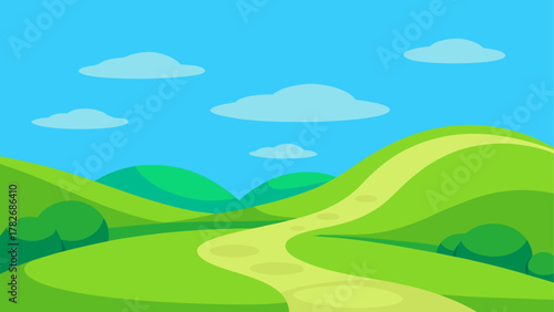 Cartoon landscape with hills and winding path view on transparent background