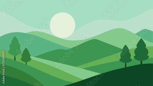 Illustration of green hills with trees and sun view on transparent background