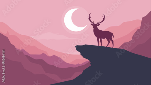 Silhouette deer on cliff with moon and mountains on transparent background