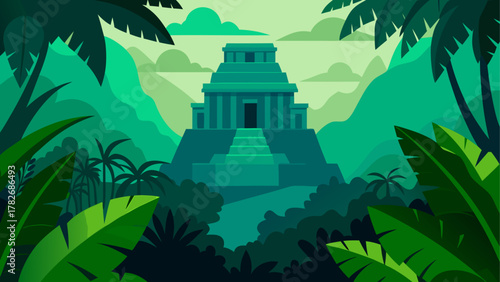 Pyramid in jungle with palm trees and green tones on transparent background