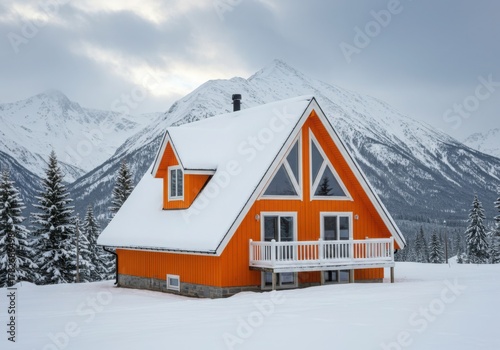 house in the snow mountains isolated in a transparent background 