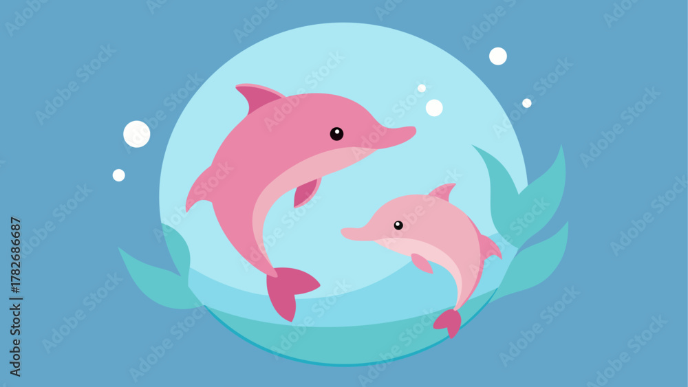 Obraz premium Two pink dolphins swimming in a blue water scene on transparent background